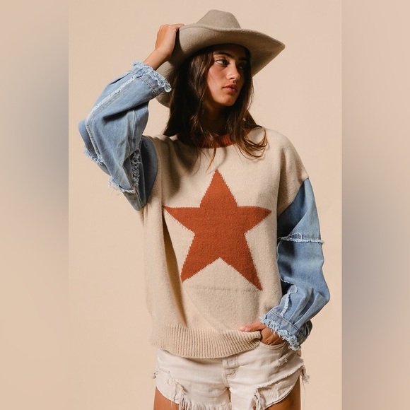 #93 Denim Sleeve Star Sweater - Picture 2 of 5